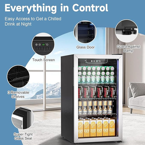 105 Can Mini Fridge - 3.0 Cu.Ft Beverage Refrigerator with Reversible Glass Door for Soda Wine Beer, Adjustable Temperature Control for Home Office Bar, Black(37-61 ℉)