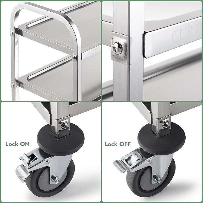 CURTA Stainless Steel Serving Trolley, 38" L x 20" W x 37" H 3 Tiered Shelf Kitchen Utility Cart, Rolling Casters Brake Wheel, Commercial Pro for Restaurant/Hotel/Lab/Clinic/Salon/Workshop