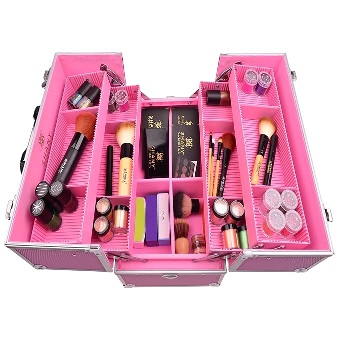 SHANY Essential Pro Makeup Train Case Cosmetic Box Portable Makeup Case Cosmetics Beauty Organizer Jewelry storage with Locks, Multi Compartments Makeup Box and Shoulder Strap - Pink
