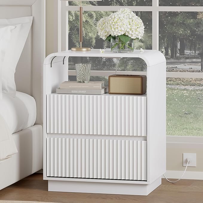 White Nightstands Set of 2 with Charging Station, Mid Century Modern End Tables & Bedside Tables, Fluted Wood Small Night Stands with 2 Hidden Drawers and Storage Shelf for Bedroom