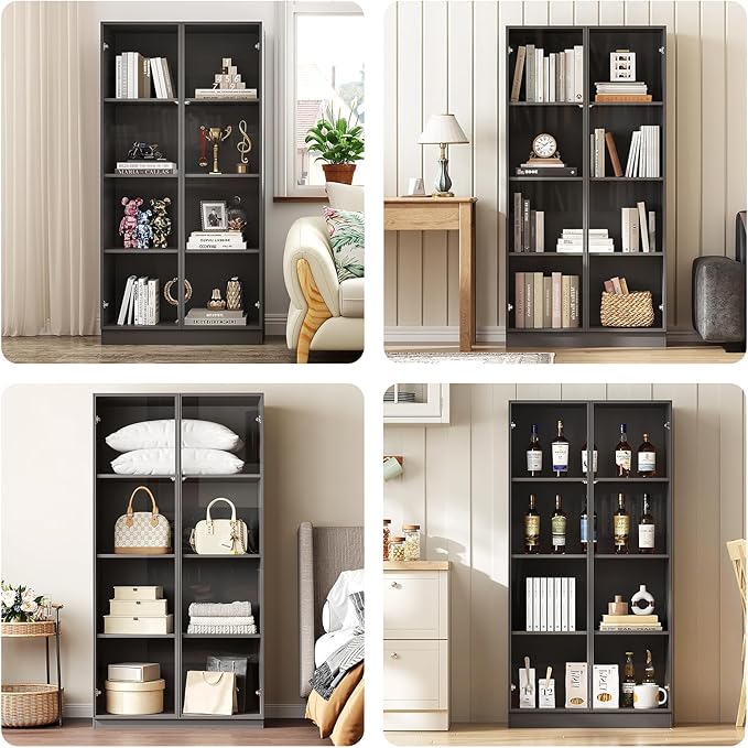 Glass Display Cabinet with LED Lights, Display Case Bookcase with 4-Tier Shelves, Curio Cabinet with 2 Glass Doors, Storage Cabinet for Collectibles, Living Room