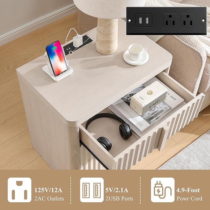 23.6" Nightstand with Charging Station, Side Table with 3 Large Storage Drawers, Mid Century Modern Night Stand with Solid Wood Handle, Bedside End Table for Bedroom, Living Room, Closet