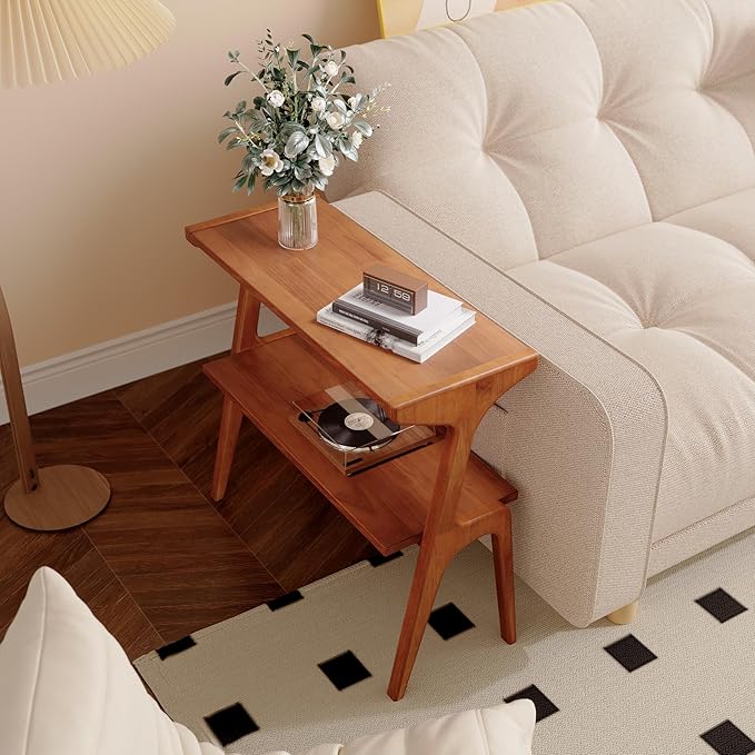 Set of 2 Solid Wood End Table, 2-Tier Side Table with Storage Shelf, Wooden Modern Accent Slim Bedside Table for Sofa, Living Room, Bedroom, Small Space, Easy Assembly, Cherry