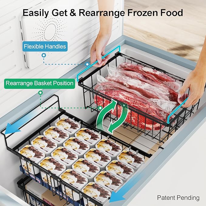 iSPECLE Large Expandable Freezer Organizer Bins - 4 Pack Chest Freezer Organizer Bins, for 10 to 20 Cu.FT Deep Freezer, 1 Hanging Basket and 3 Stackable Freezer Bins, Black