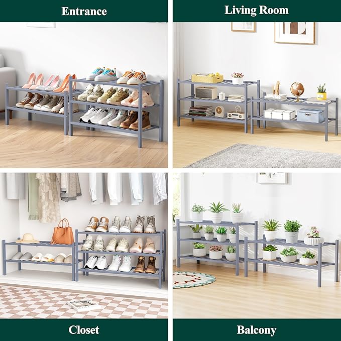 Smiry Bamboo Shoe Rack for Closet, 5 Tier Wooden Stackable Shoe Organizer, Free Standing Shoes Storage Shelf for Entryway, Front Door Entrance, Grey