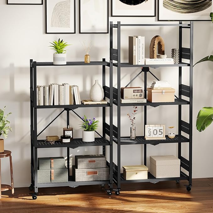 WORKPRO 4-Tier Folding Shelf, No-Assembly Metal Storage Rack with Wheels, 600 lbs Capacity (Without Wheels), Collapsible Shelving Unit for Kitchen, Pantry, Bathroom & Closet Organization