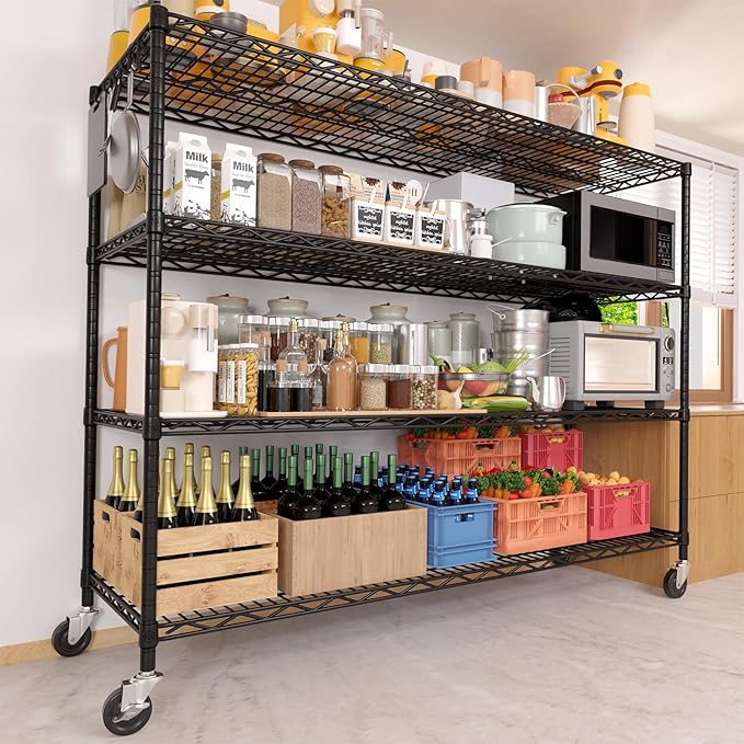 PrimeZone 55.5" W x 24" D x 80" H Heavy Duty Wire Storage Shelves with Wheels, 4 Tier Adjustable NSF Certified Garage Shelving Unit, Rolling Metal Organizer Shelf Rack for Warehouse, Pantry, Black