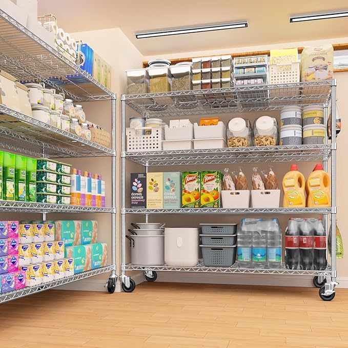 PrimeZone 4 Tier 55.5" Wx24 Dx76 H Wire Shelving with Wheels 2400lbs NSF Certified Storage Shelves Heavy Duty Metal Shelf Adjustable Rolling Rack Commercial Garage Restaurant Warehouse Kitchen 6Pack