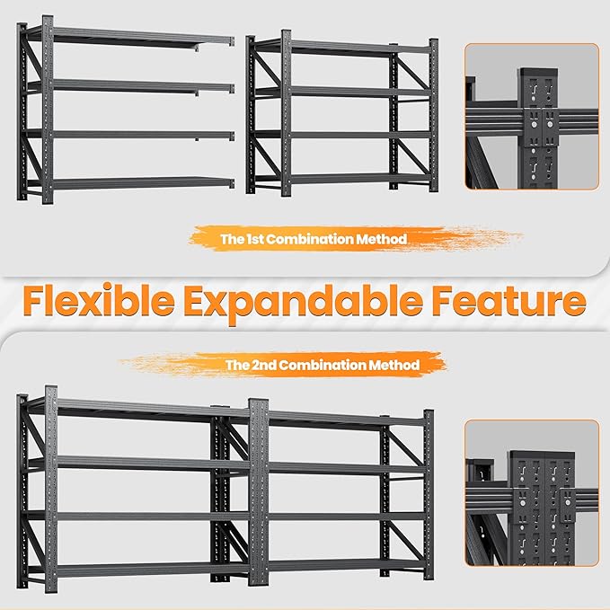 68”W Garage Shelving Units, 8000LBS Storage Shelves Heavy Duty, 24" Deep Metal Shelving Rack, 4 Tier Tall Steel Industrial Shelving , Adjustable Standing Shelf for Warehouse / Shop 68"W x 24"D x 64"H
