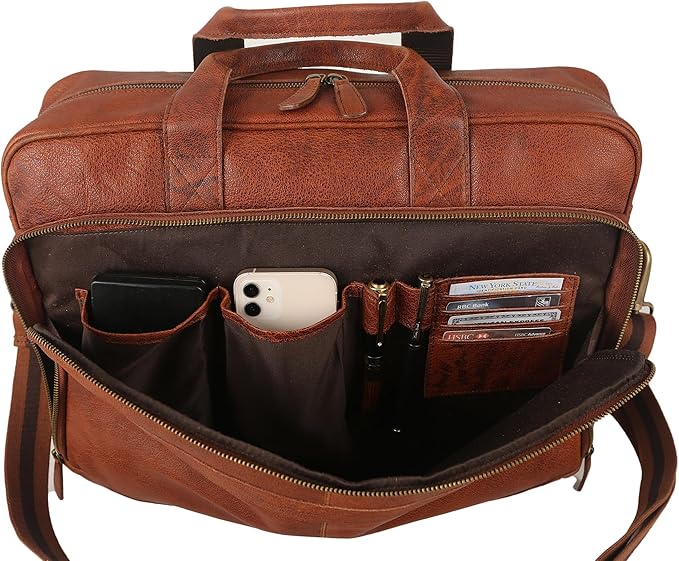 Leather briefcase 18 Inch Laptop Messenger Bags for Men and Women Best Office briefcase Satchel Bag (Wash Tan)