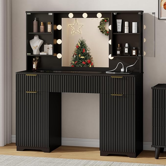 ONME 47.2" Fluted Vanity Desk with Mirror and Lights, Big Vanity with 5 Large Drawers and Adjustable Shelves, Makeup Vanity Table with Glass Top and Charging Station for Women and Girls Bedroom