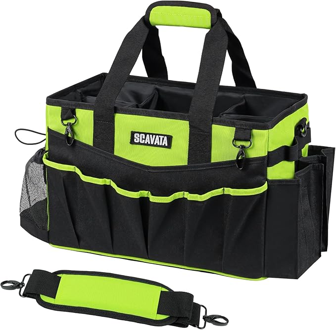 Wearable Cleaning Caddy Bag, Cleaning Caddy Supplies Organizer with Handle & Shoulder Straps for Housekeepers, Under Sink & Car Cleaning Tool Organizers with 4 Foldable Divider (NeonGreen)