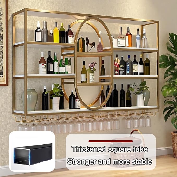 47.2IN Large Wall Mount Wine Rack, Metal 4 Tier Hanging Bottle Holder with Wine Glass Storage Racks, Modern Floating Wine Shelves for Home Bar Dining Room Decoration (Gold)