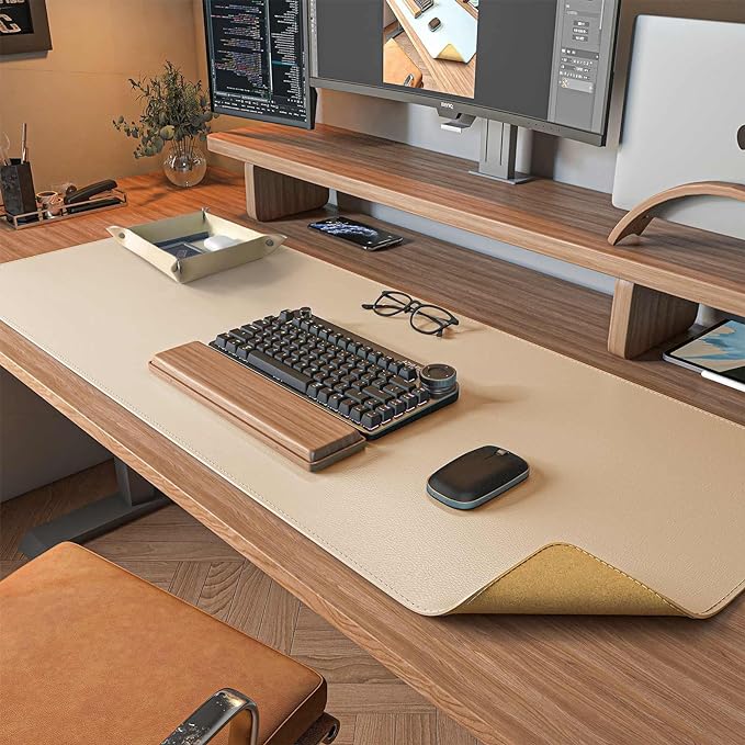 DAWNTREES Dual Sided Desk Mat,Leather Desk Pad,35.5"x17",Cork Desk Mat Protector,with PU Leather Valet Tray Organizer,Large Mouse Pad,Desk Writing Pad for Office and Home(Khaki)