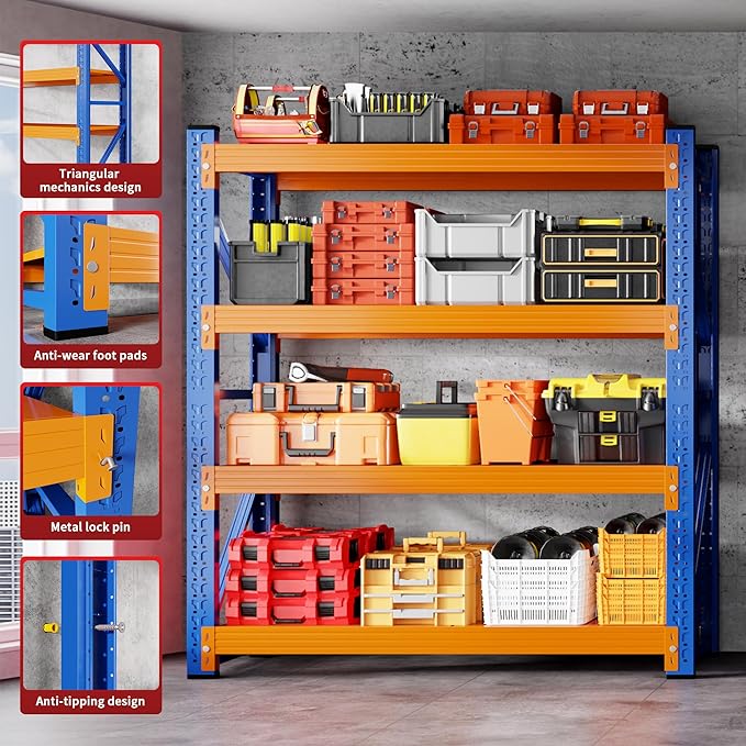 4000LBS Garage Shelving 48" W Garage Shelving Heavy Duty 4-Tier Metal Storage Shelves Adjustable Shelf Unit Storage Rack for Basement Supermarket Warehouse 48" W x 20" D x 78" H Blue-Orange