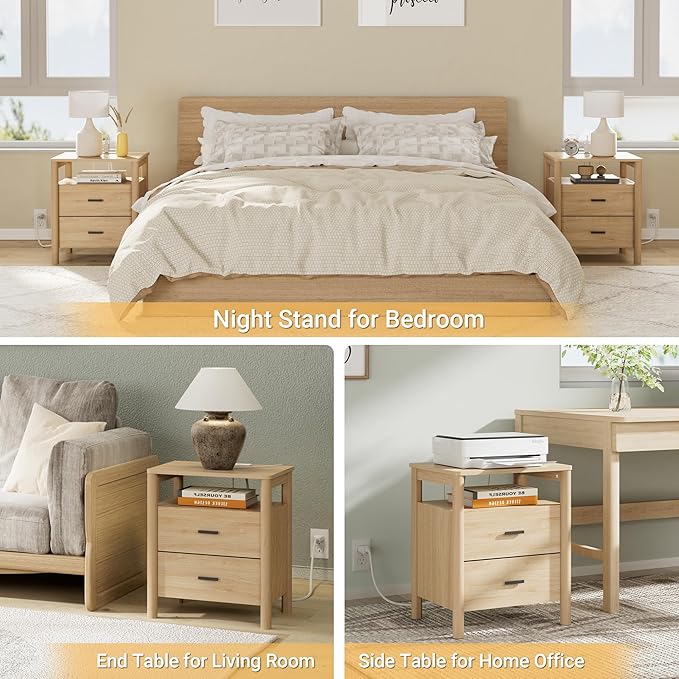 Night Stand with Charging Station, 20" Large Modern Side Table with Solid Round Post Legs, 2 Drawers End Table with Open Shelf, Nightstand with Storage for Bedroom, Natural Oak