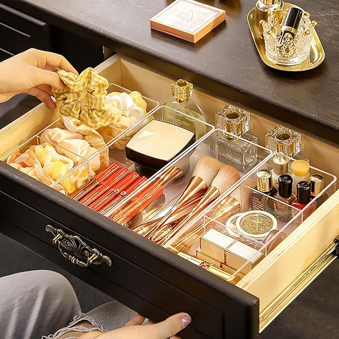JessLab Acrylic Organizers, Bathroom Organizer for Drawer, 4-Pack Cosmetic Display Cases for Vanity, Countertop, Desk, Kitchen, and Makeup Storage, 1-Section