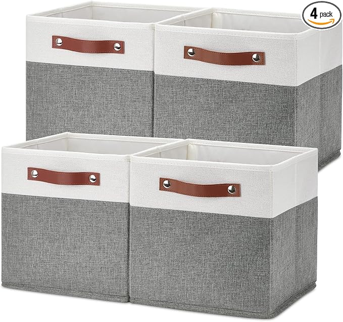 Temary Cube Storage Bins 4 Pack Storage Cubes 11ﾗ11 Fabric Storage Bins Foldable Cube Storage Baskets with Handles, Collapsible Storage Basket for Shelf (White & Grey, 11 x 11 x 11)