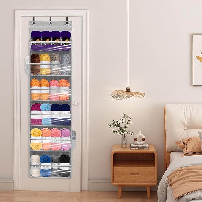 Over Door Organizer with 6 Extra Large Pockets 12 Side Pockets, Sturdy Closet Storage Rack, Hanging Storage Organizer with Clear Window for Shoes, Diapers, Toys, Bedroom, Bathroom, Grey
