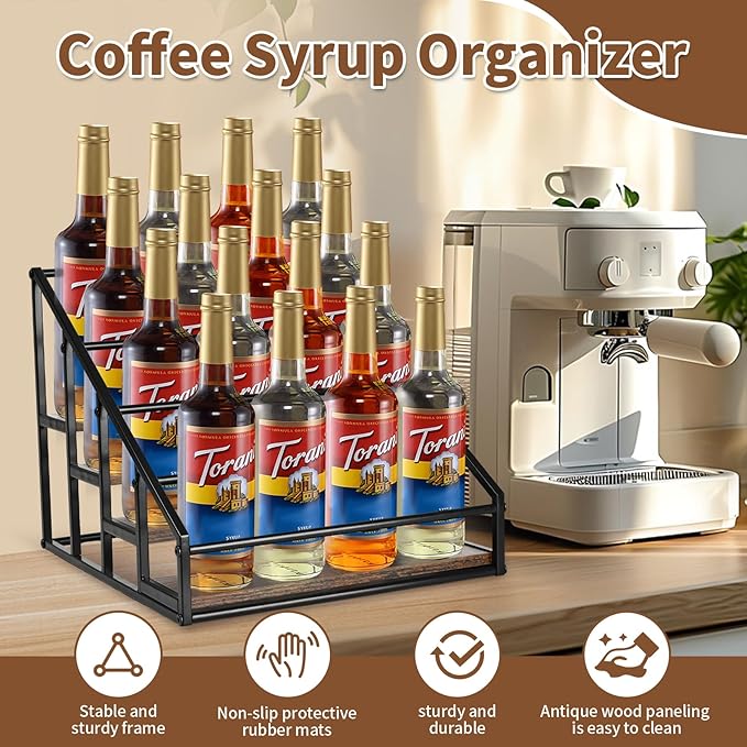 Coffee Syrup Rack Organizer,Liquor Bottle Display Shelf,Water cup display stand,Spice Rack Kitchen Cabinet Organizer,Rustic Brown,2 Packs 4 Tier 16 Bottle Coffee Syrup Holder