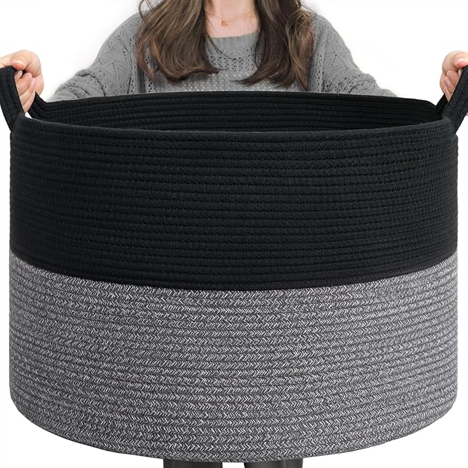 INDRESSME XXXLarge Cotton Rope Basket Woven Baby Laundry Baskets Blanket Baskets Toy Basket with Handle Comforter Cushions Storage Bin Thread Laundry Hamper - 21.7" x 21.7" x 13.8"