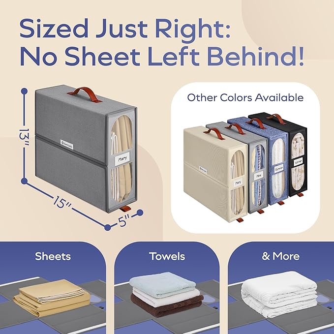 8x Bed Sheet Organizer Storage Boxes with Big See-Through Windows | Bedsheet Organizers Redesigned. Robust Bed Sheet Storage | 15x13x5 Inches Sheet Organizers Containers (Gray)