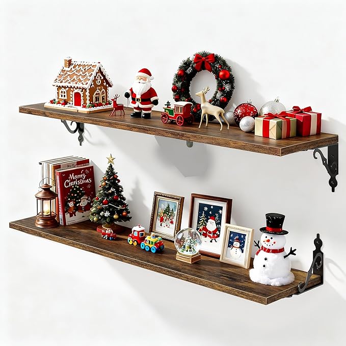 Fun Memories 36 Inches Floating Shelves, Rustic Long Wall Shelves, 8 Inch Deep Book Shelf Wall Mounted, Wide Display & Storage Shelves for Living Room, Bathroom, Bedroom, Rustic Brown, Set of 2