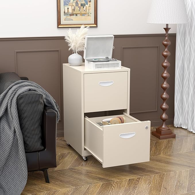 2 Drawer Mobile File Cabinet with Lock, Metal Filing Cabinets with Wheels,Rolling Storage Cabinet, Under Desk Vertical File Cabinet for Home Office, Lockable Steel Two Drawer for Letter Size, Cream