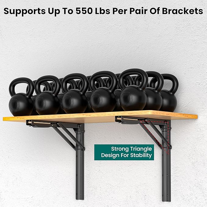 EVERHANGER 18 inch Folding Shelf Brackets for Garage, Heavy Duty Collapsible Shelf Bracket Steel Wall Mounted Table Brackets (Pack of 4, No Board)