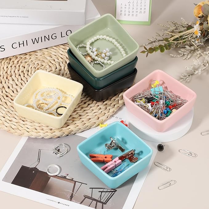 PATIKIL Square Paper Clip Holders, Ceramic Bowl Dish Clip Dispenser Organizer Desk Organizer Accessories for Office Desktop Decor Bobby Pin Binder Paper Clamp, Pink