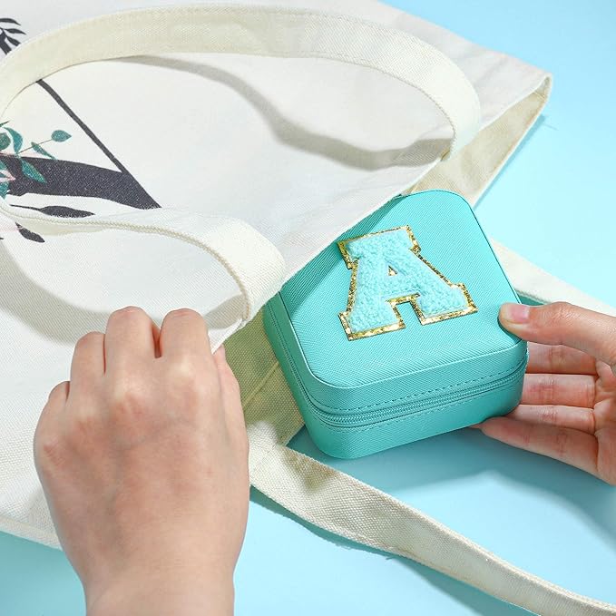 Parima Initial Jewelry Box for Women Girls, Jewelry Travel Case | Chenille Letter Patches Jewelry Box | Multifunctional Personalized Travel Jewelry Case | Birthday Gifts - Letter D, Aqua Blue