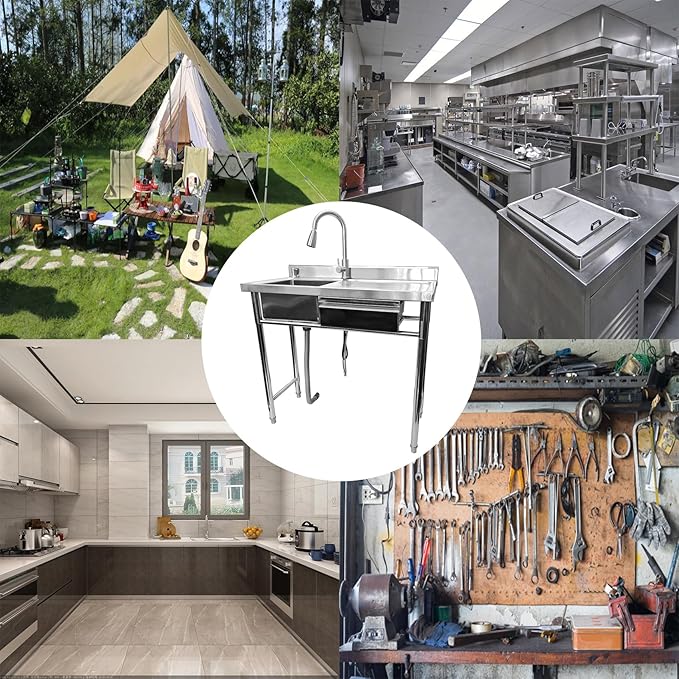 304 Stainless Steel Utility Sink with Faucet – Free Standing Single Bowl Kitchen Sink with Workbench & Drawer Storage, Hot/Cold Water Pipes for Laundry, Farmhouse & Outdoor Use 39“(SCTD-100R)