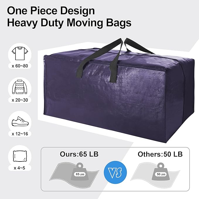 6 Pack Heavy Duty Large Moving Bags W/Backpack Straps - Strong Handles & Zippers, Storage Totes, Fold Flat, Alternative to Moving Box and Storage Bin, Semi-Transparent+Blue+Black