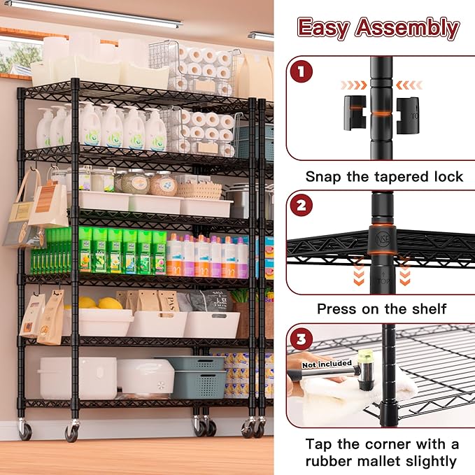 PrimeZone 6 Tier Wire Shelving with Wheels 78''H 1500lbs Storage Shelves NSF Certified Heavy Duty Steel Metal Shelf Adjustable Rolling Rack Kitchen Garage Closet Pantry Laundry 78''HX36''WX18''D