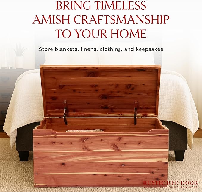 Amish Made Wooden Storage Chest Trunk Box with Lid and Handles for Bedroolanket, Clothes, Anti-Slam Hinges, Handmade, Rustic, Cedar Wood, Natural Stain, 42"