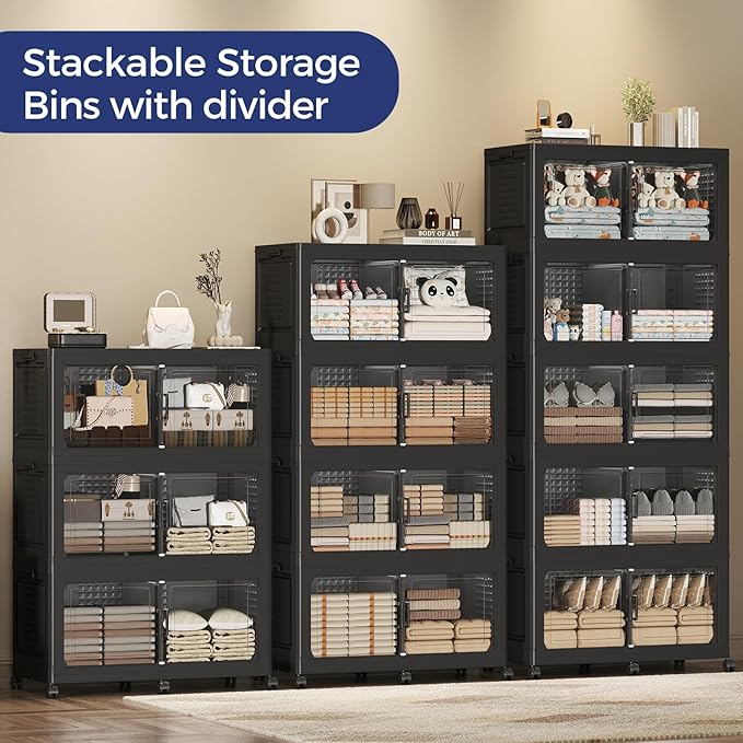 250Gal Stackable Storage Bins with Lid, 1000Qt Extra Large Collapsible Storage Box with Wheels, Dividers, Folding Plastic Cabinet Closet Organizers for Home Kitchen Office Dorm, 5Pack Black