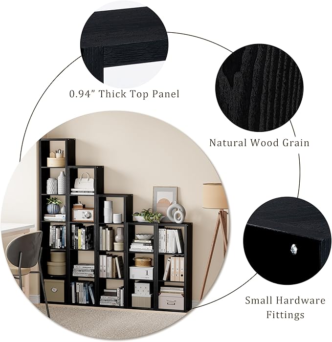 Cube Storage Organizer Bookcase, Small 4 Tier 11 inch Open Back Cubical Shelf with Thickened Border, Display Bookshelf for Living Room, Home Office, Sturdy Room (Black, 4 Cube,Vertical)