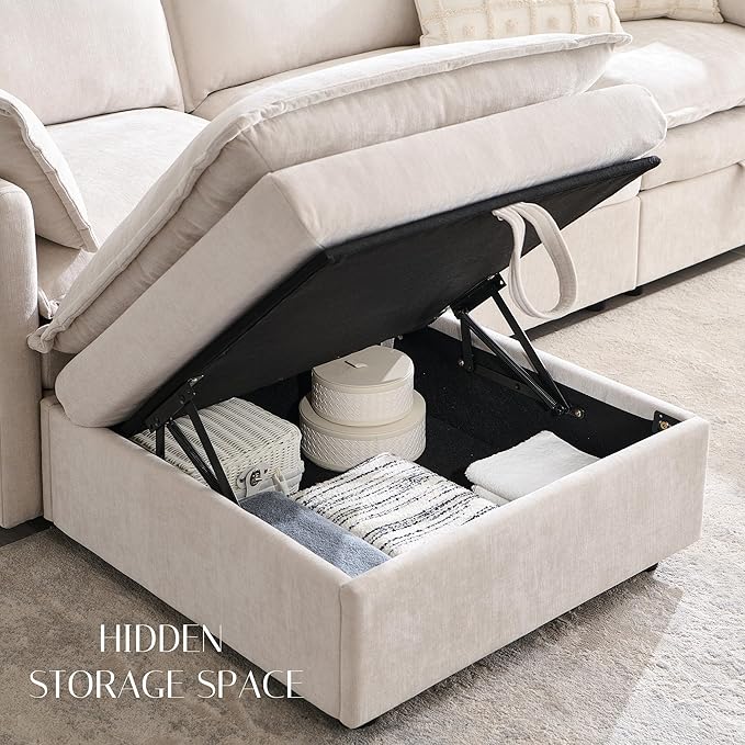 116.54" Sectional Couches for Living Room, Cloud Couch Sectional with Large Storage, U-Shape Modular Sectional Sofa with Ottoman,6 Seater Chenille Sofa with Pillow for Apartment, Bedroom, Beige