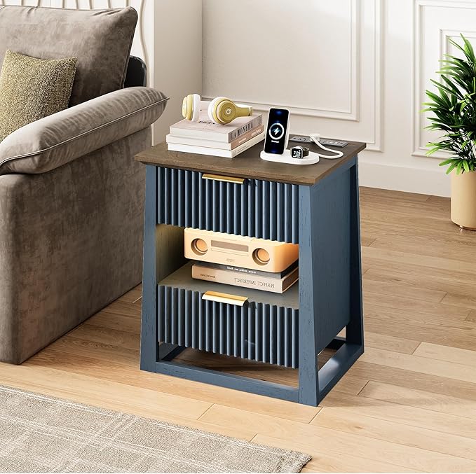 HIFYOBRO Fluted Nightstands with Charging Station & Motion Sensor Light, Modern Bedside Tables with 2 Drawers and Storage Shelf for Bedroom, Living Room,Blue