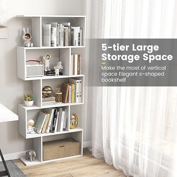 5-Tier Geometric Bookcase Set of 2, 62.5” Freestanding Room Divider Bookshelf with Open Display Shelves & Anti-tip Device, Wood S-Shaped Storage Organizer for Living Room, Bedroom & Home Office