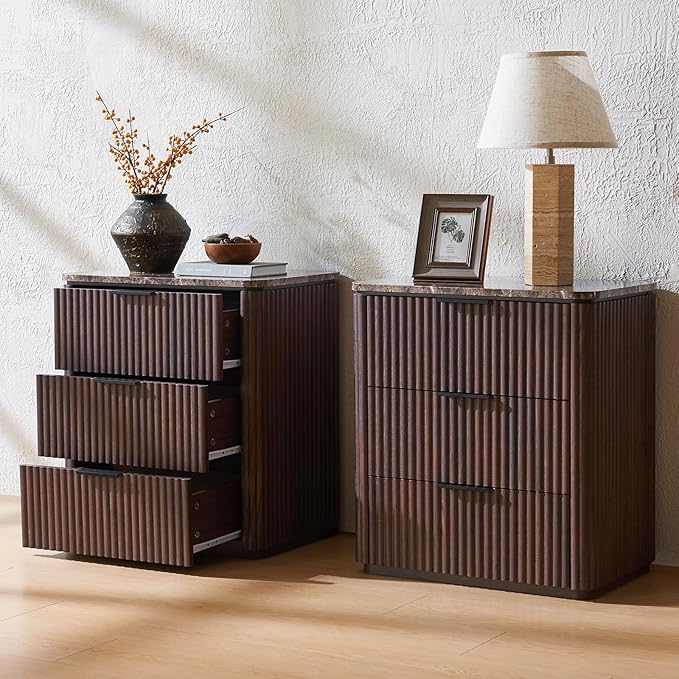 Fluted Nightstand Set of 2, Engineered Wood Bedside Table with 3 Drawers, Modern End Table with Faux Marble-Top, Curved Corners, Metal Handle, Large Night Stand for Bedroom, Office, Closet, Dark Oak