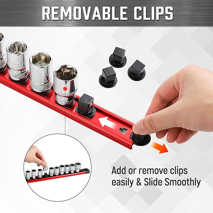 ALOANES 3-Piece Magnetic Socket Organizer, Heavy Duty Aluminum Socket Rails Organizer, 360° Swivel Clips Socket Holder Kit for Tool Box, 1/2, 3/8, 1/4-Inch Socket Holder x 40 Clips (Red)