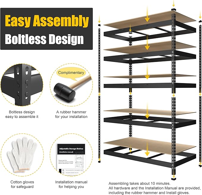 PrimeZone 48" W x 18" D x 72" H Garage Shelving Heavy Duty - Adjustable Metal Storage Shelves, 5 Tier Industrial Shelving Unit, Utility Shelf Rack for Basement, Warehouse, Pantry, Closet, Black, 4Pack