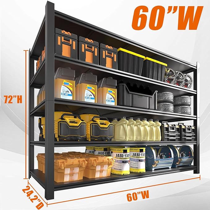 60" W Garage Shelving Heavy Duty Metal Shelving 3000LBS Storage Shelves Adjustable 5 Tier Metal Shelves for Storage Industrial Shelves for Garage, Warehouse, 24.2" D x 60'' W x 72'' H, 4 Pcs