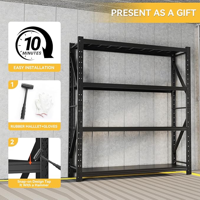 4000LBS Garage Shelving Heavy Duty, 48” W Storage Shelves, 4-Tier Adjustable Metal Storage Shelves, Steel Industrial Shelving Unit, Metal Shelving for Garage, Basement, Warehouse (Black, 47.3x24x79in)
