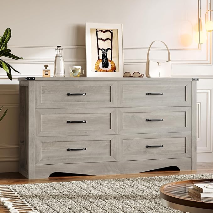 6-Drawer Dresser for Bedroom, Modern Wooden Chest of Drawers with Metal Handles, Anti-Tipping Design, Sturdy and Stable Storage Organizer for Living Room, Entryway, Home Office