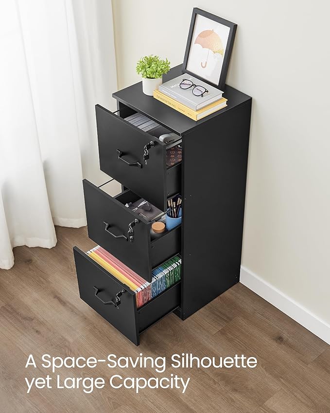 VASAGLE 3 Drawer File Cabinet, File Cabinet with Lock, Printer Stand, Office Filing Cabinet Organizer, for A4 and Letter Size Files, Ink Black UOFC055B16