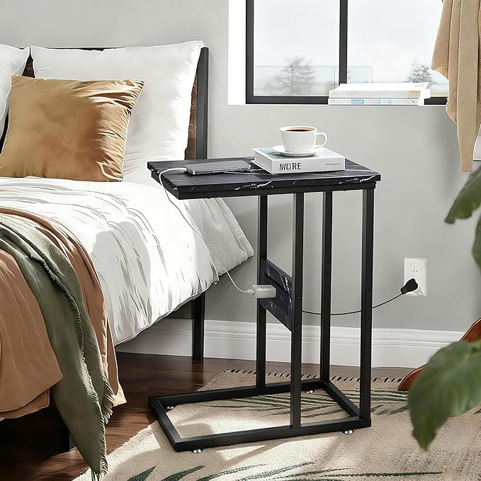 VECELO C Shaped End Side Table with Charging Station & Power Outlets for Couch Sofa/Bed, Snack TV Tray with Metal Frame for Living Room Bedroom 1 PCS, Black Marble