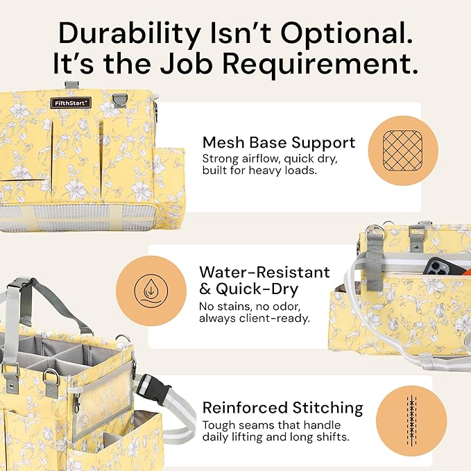 FifthStart Multipurpose Cleaning Caddy with Waist & Shoulder Strap - Diaper Caddy with 9 Pockets, Mesh Base & Adjustable Compartments - Cleaning Supplies Organizer (Yellow Floral, Small)