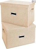 Large Linen Fabric Foldable Storage Bins with Removable Lid and Handles, Washable Storage Box Organizer Containers Baskets Cube with Cover for Bedroom,Closet,Office (Khaki, Large(2-Pack))